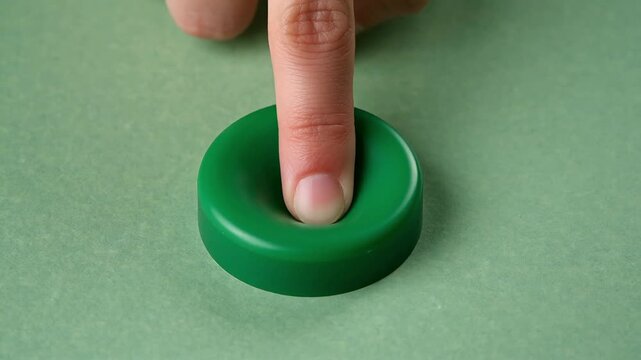 Close-up shot of a person's finger gently pressing down on a round green concave plastic button on a light green surface
