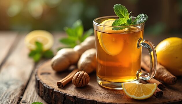 Glass of warm ginger tea with lemon and mint garnish. Ginger root, cinnamon sticks, and fresh lemons surround the beverage on a wood slice. Healthy drink for cold season.