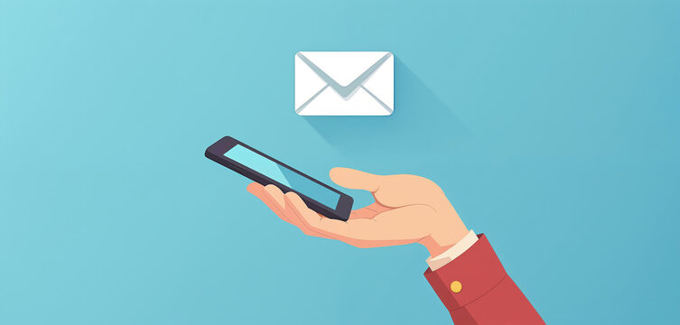Man holds phone with email icon floating above. Concept for communication contact online. Digital mail service for business and personal messages via app.