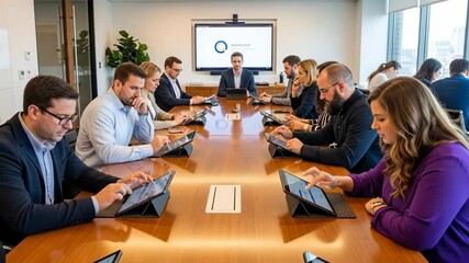 Diverse group of professionals engaged in a modern boardroom meeting with digital devices. - Powered by Adobe