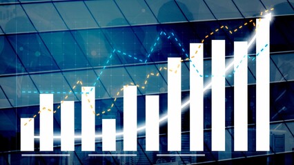 A visually striking representation of financial growth showing bar charts and line graphs overlaying a modern corporate building, illustrating market trends and performance. Copula
