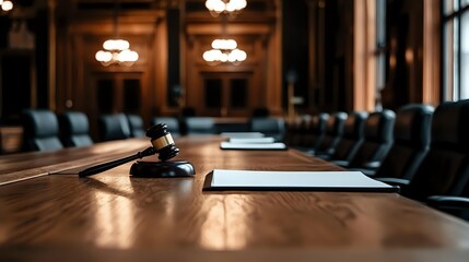 Wooden gavel on judge bench in empty courtroom with leather chairs and elegant lighting, representing law, justice and legal proceedings.