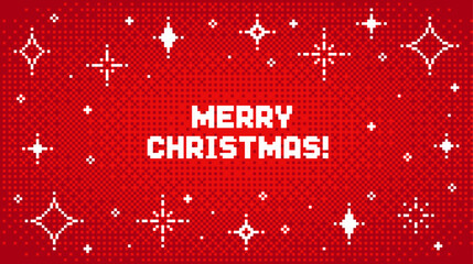 Flat pixel art merry Christmas text with sparkling stars on red background. Festive 8-bit digital graphic for holiday season greeting card.