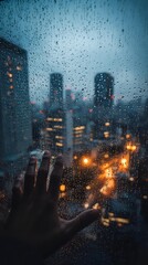Fototapeta premium Hand touching rainy window with blurred city skyline and glowing lights in background, creating moody urban atmosphere during evening downpour.