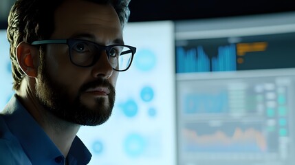 Focused businessman with beard and glasses analyzing financial data on digital screens in dark office environment for stock market trading.