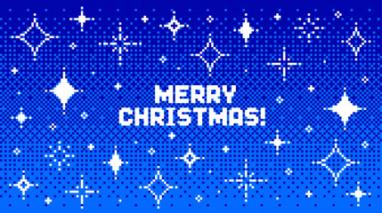 Blue pixel art background with Merry Christmas text. Festive greeting card for Winter holiday celebration with retro video game style.