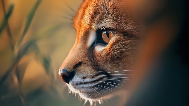 Close-up profile of caracal wildcat with distinctive ear tufts against blurred natural background, showcasing amber eye and facial features in warm lighting. - Powered by Adobe
