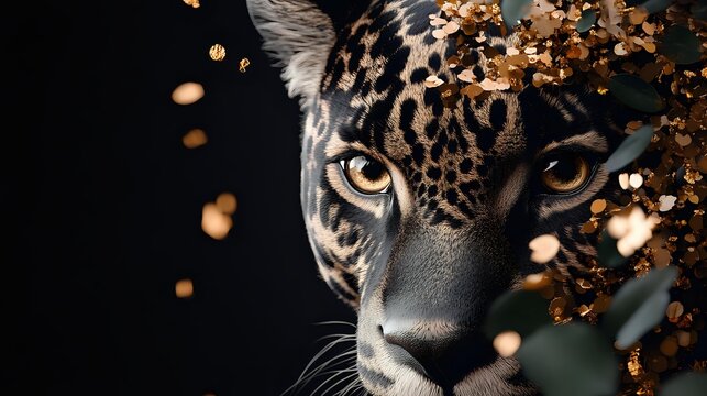 Dramatic close-up of leopard face with golden glitter particles against black background, creating luxurious wildlife art concept.