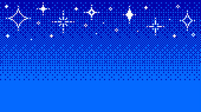 Blue pixel art background with twinkling white stars creating a starry night effect for Christmas and winter holiday design project.