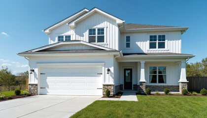 Modern white two story house with garage and neat green lawn. Blue sky above suburban residence, stone accents. New family home construction for sale.