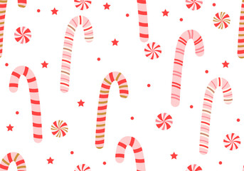 Christmas Candy Cane Red Doodle Seamless Pattern. Christmas candy lollipop seamless pattern. New Year pattern