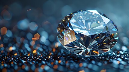 Brilliant diamond with facets reflecting light against dark blue bokeh background, showcasing luxury and precision craftsmanship for jewelry advertising.