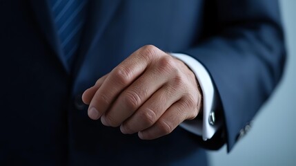 Obraz premium Close-up of businessman's hand in formal navy suit with white shirt cuff visible against blue background, conveying professional confidence in corporate setting.