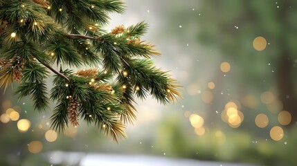 Festive pine branches with golden bokeh lights creating magical winter holiday atmosphere for seasonal greeting cards and decorations.