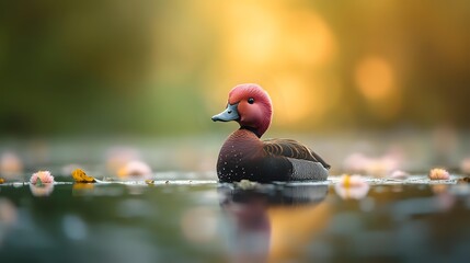 Red-headed duck swimming on calm water with autumn leaves and golden bokeh background, perfect for wildlife photography and nature publications.