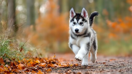 Siberian husky puppy running on forest path with autumn leaves, blurred fall foliage background creates seasonal outdoor pet portrait.