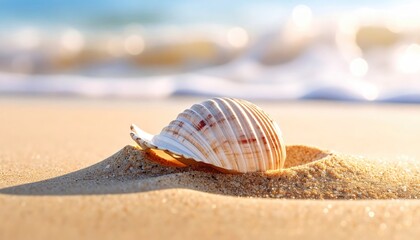Obraz premium Seashell Resting on Sandy Beach Shoreline During Golden Hour With Gentle Ocean Waves and Sunlight Reflections Creating a Serene Coastal Landscape