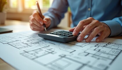 Man calculates on calculator, holds pen, reviews floor plan blueprints. Pro reviews architectural design, plans construction budget for property purchase or renovation.
