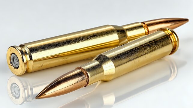 Golden rifle ammunition with copper tips on reflective surface, showcasing metallic sheen and precision craftsmanship for hunting or sport shooting.