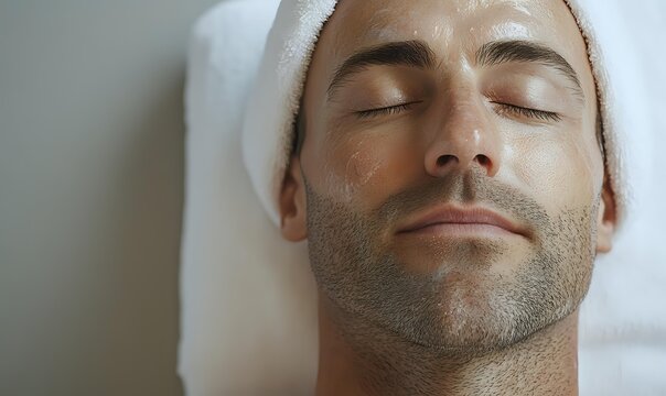 Caucasian man with stubble relaxing during spa facial treatment with white towel wrapped around head, eyes closed in peaceful expression.