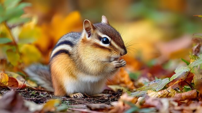 Adorable chipmunk with puffy cheeks sitting among colorful autumn leaves in forest. Wildlife photography for nature publications and seasonal designs. - Powered by Adobe