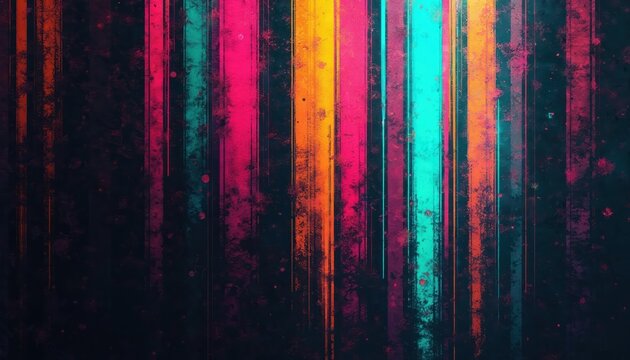 Abstract digital background shows vibrant neon stripes. Pink, orange, blue colors grunge texture, grainy noise effect. Modern tech design dynamic, edgy, colourful, futuristic. Creates cool cyber