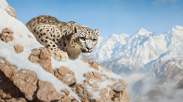 Snow leopard crouching on rocky mountain ledge against backdrop of majestic snow-capped peaks, showcasing wildlife in natural habitat.