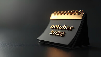 Black desk calendar displays October 2025 date prominently. Features elegant gold lettering, spiral binding, set against sleek dark background. Image future planning, important events, business