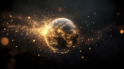 Obraz premium Glowing golden planet Earth with network connections and light particles against dark background, symbolizing global digital transformation.