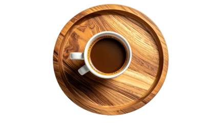 Coffee cup on round wood tray, overhead shot