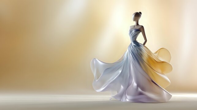 Elegant silhouette of African American woman in flowing white gown against soft golden background, conveying grace and movement for fashion or wedding design.