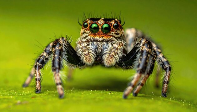 Intricate Macro Portrait of a Jumping Spider with Vibrant Green Eyes and Detailed Fringes on a Soft Green Leafy Background - Powered by Adobe