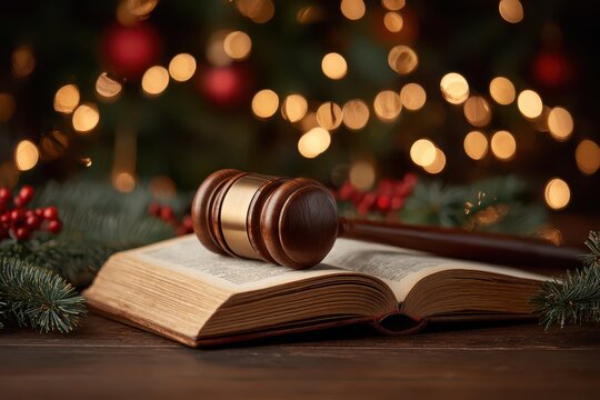 Gavel on open book with holiday charm