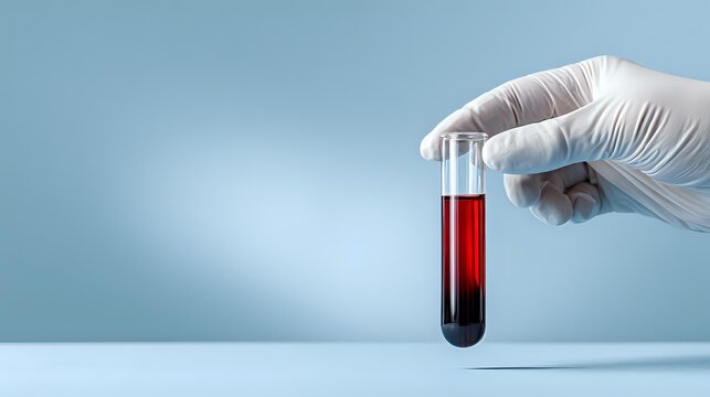 Hand in white glove holding test tube with separated blood sample against blue background for medical laboratory analysis or blood donation concept.