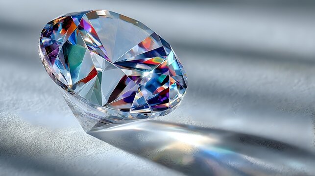Brilliant cut diamond with colorful light refraction creating rainbow prism effect on soft gray surface, showcasing luxury gemstone sparkle.