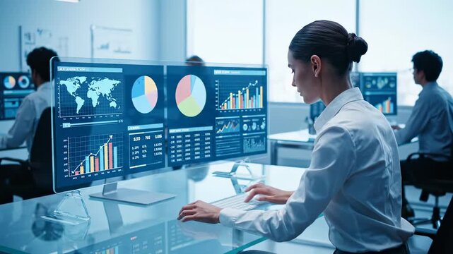 Diverse team analyzing global financial data on futuristic holographic displays. - Powered by Adobe