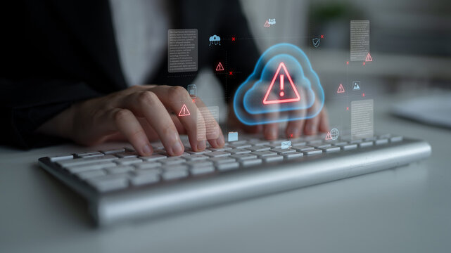 Cloud computing with alert icons and security elements, representing real-time threat detection, risk prevention, and digital infrastructure protection Parse