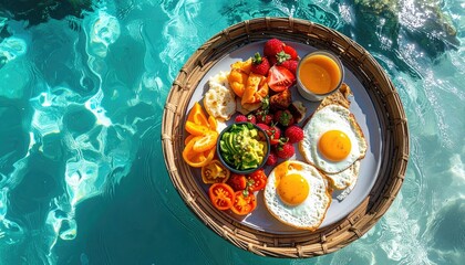 Overhead view of a vibrant tropical breakfast platter floating on turquoise ocean water during golden hour sunlight casting dappled reflections and shadows on exotic fruits and perfectly cooked eggs.