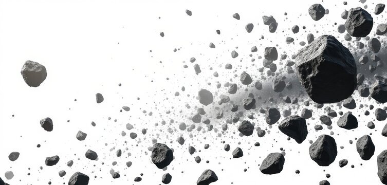 Large swarm of dark asteroids and small meteoroids float on white background. Space rocks drift in cosmos. Cosmic debris cloud fills empty void. Danger from outer space.