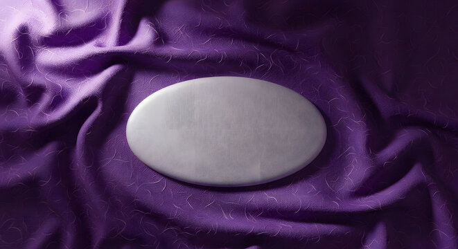 Oval Silver Textured Plaque Mockup on Draped Purple Glitter Fabric.