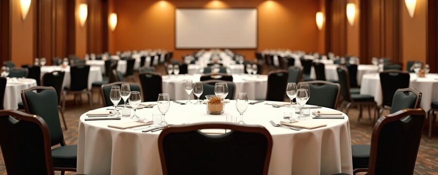 Large conference hall with many round tables set for dining or event. Chairs arranged neatly around each table. Ambient warm lighting and projection screen visible.