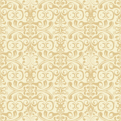 Elegant vintage seamless damask pattern with ornate swirls and scrolls for classic wallpaper design.