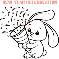 Cute cartoon bunny holding party popper with confetti streamers rabbit animal celebration