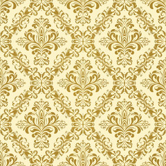 Luxury Gold Damask Seamless Pattern with Ornate Floral Elements for Vintage Wallpaper.