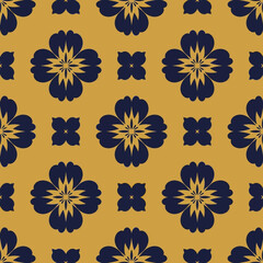 Retro floral seamless pattern with dark blue symmetrical flowers on a gold background.