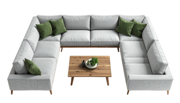 U-shaped sofa with wood-legged coffee table, aerial view