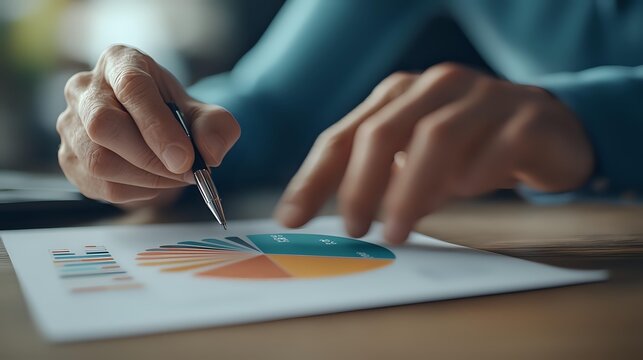 Close-up of business person analyzing colorful pie chart data with pen, reviewing financial statistics and performance metrics on paper report.
