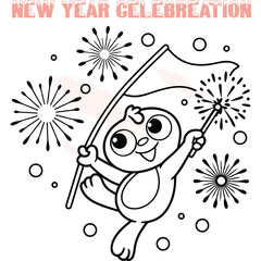 Cute cartoon character holding flag sparkler with fireworks circles animal celebration