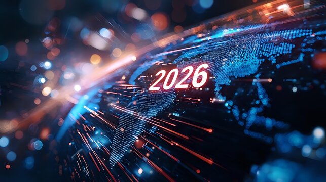 Futuristic digital landscape with glowing 2026 number amid blue technology grid and orange light streaks, representing upcoming technological innovations and digital transformation.