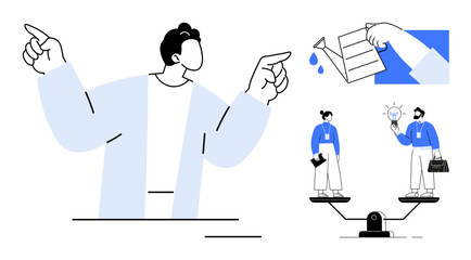 Hands pointing in opposite directions, scales balancing two colleagues, and envelope dropping water. Ideal for leadership, choices, equity, cooperation, judgment, communication and abstract